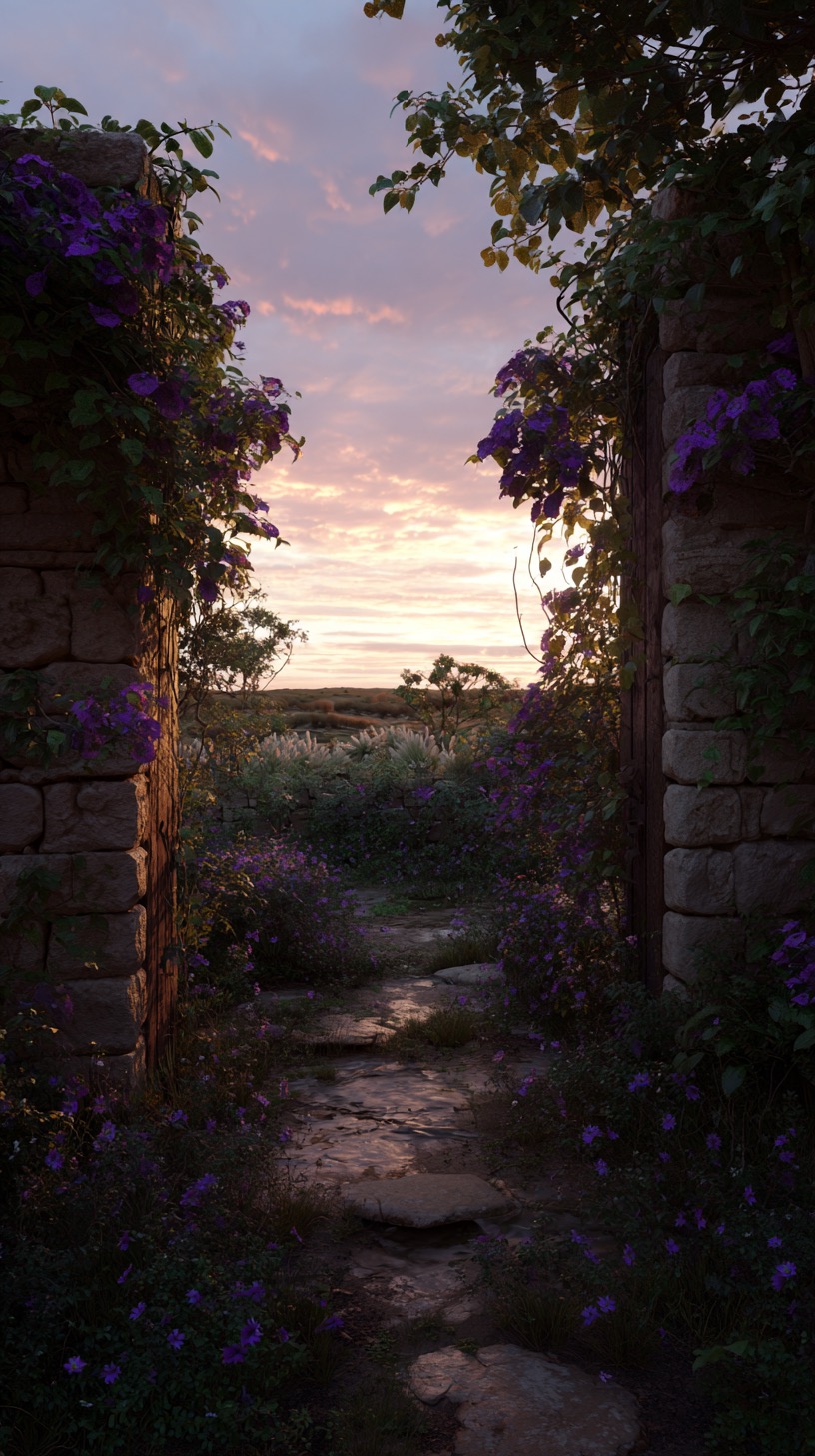 A stone doorway draped in violet flowers opens onto a quiet garden path at dawn.